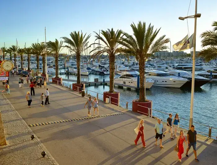 Vilamoura Marina with yachts, restaurants and waterfront walkways